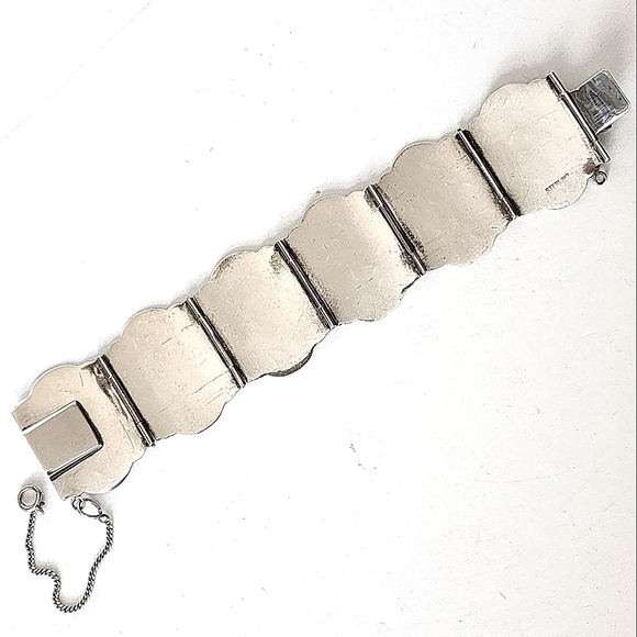 Etched Sterling Silver Vintage Linked Wide Panel Hinged Bracelet Cuff - Picture 11 of 14